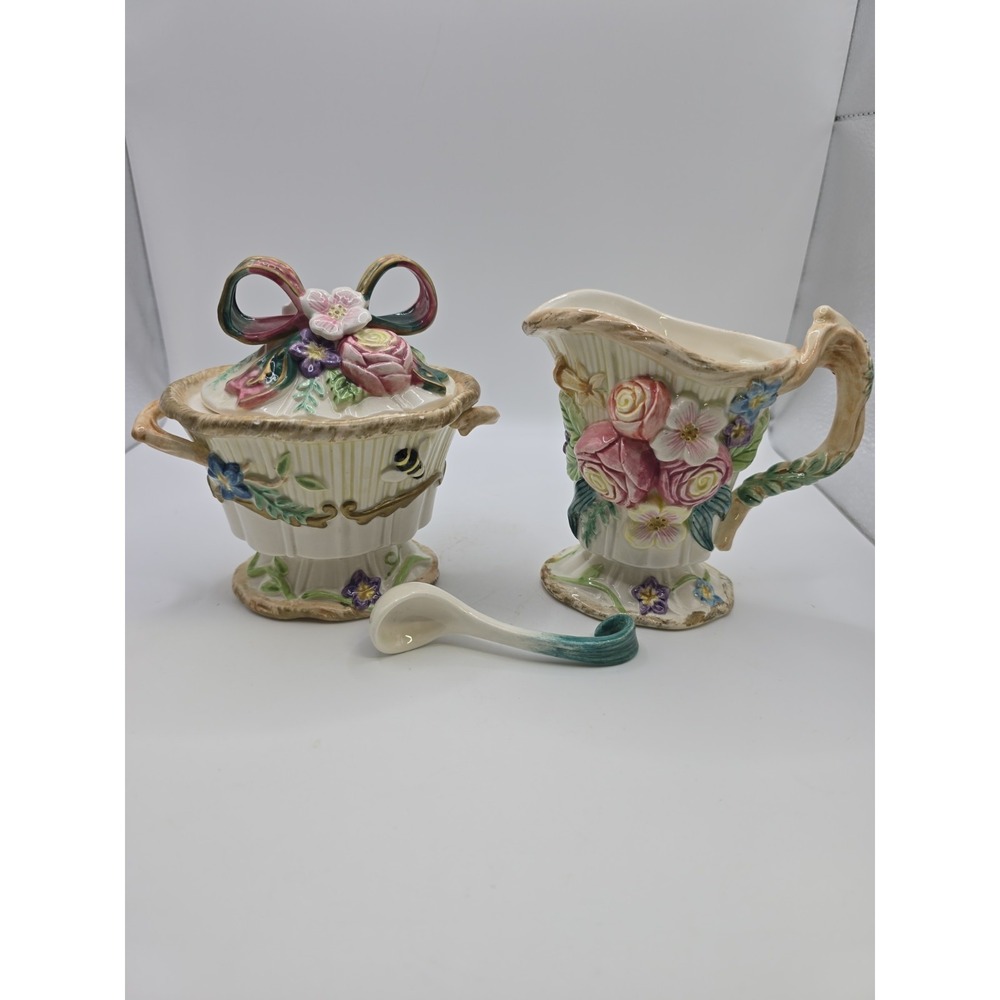 FITZ AND FLOYD Woodland Spring Sugar Bowl & Creamer Set w/lid & spoon - Picture 1 of 13